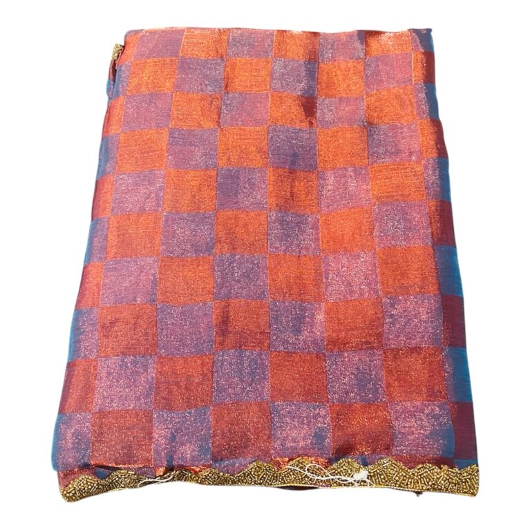 Crushed Zardosi Saree in Rust & Purple Checks with Antique Gold Border | Lightweight Saree
