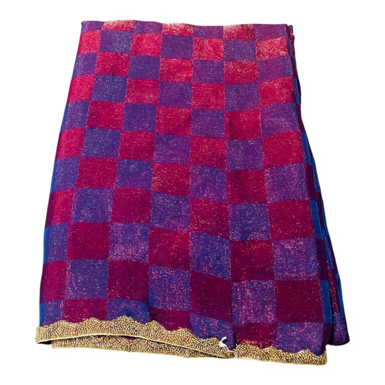 Crushed Zardosi Saree in Magenta & Purple Checks with Antique Gold Border | Lightweight Saree