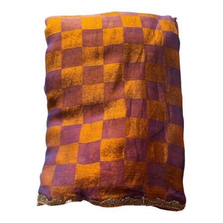 Crushed Zardosi Saree in Mustard & Purple Checks with Antique Gold Border | Lightweight Saree