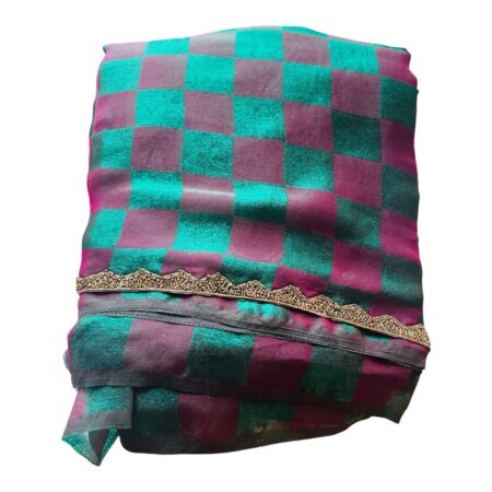 Crushed Zardosi Saree in Teal & Wine Checks with Antique Gold Border | Lightweight Saree