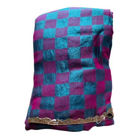 Crushed Zardosi Saree in Teal & Magenta Checks with Antique Gold Border | Lightweight Saree