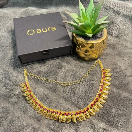 Gold Plated Imitation Leaf Design Necklace with Ruby Stone Accents | Traditional Jewellery