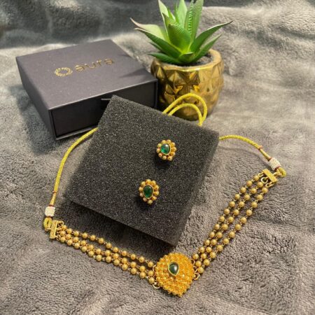 Gold Plated Imitation Antique Choker Necklace Set with Green Stone | Traditional Jewellery