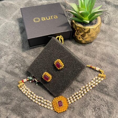 Gold Plated Imitation Pearl Choker Necklace Set with Ruby Stone | Traditional Jewellery