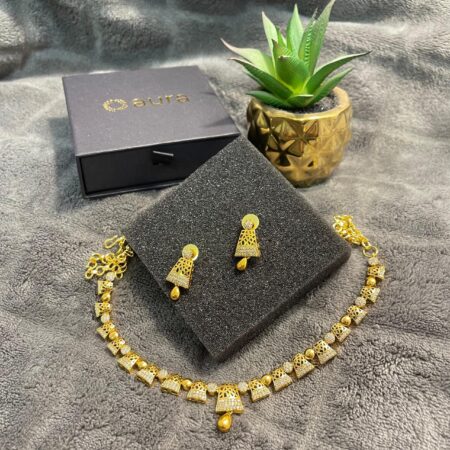 AD Diamond Gold Plated Necklace & Earrings Set | Geometric Cutwork Designer Jewellery