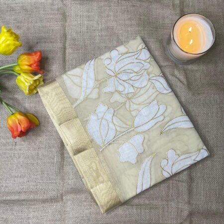 Organza Saree with Golden Border & Floral Applique Work