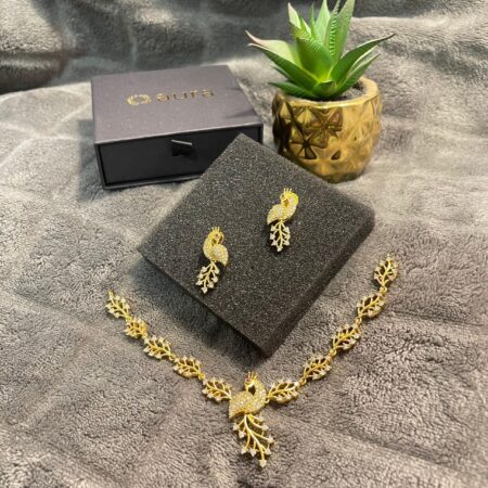 AD Diamond Gold Plated Peacock Design Necklace & Earrings Set