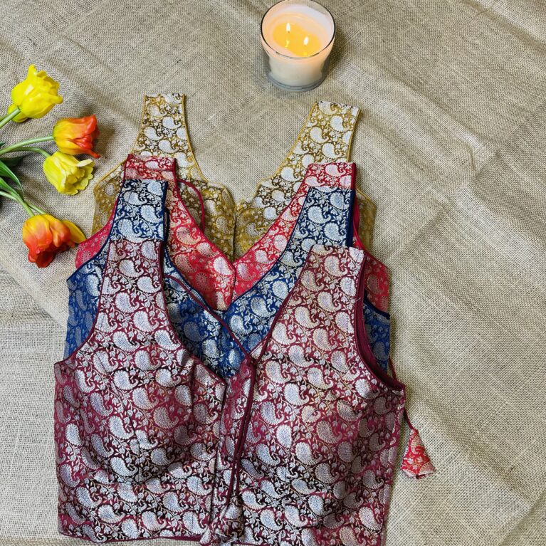 Ready to Wear Cotton Brocade Blouse for Saree | Sleeveless with Attached Sleeves | Adjustable Fit