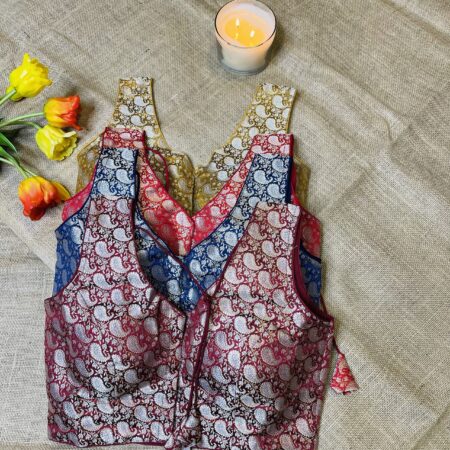 Ready to Wear Cotton Brocade Blouse for Saree | Sleeveless with Attached Sleeves | Adjustable Fit