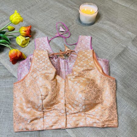 Cotton brocade Print Ready to Wear Blouse for Saree | Sleeveless with Attached Sleeves