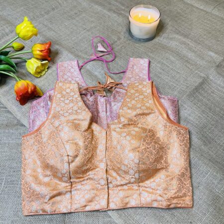 Cotton brocade Print Ready to Wear Blouse for Saree | Sleeveless with Attached Sleeves