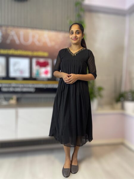 Elegant Black Georgette A-Line Kurti with V-Neck Bead Work